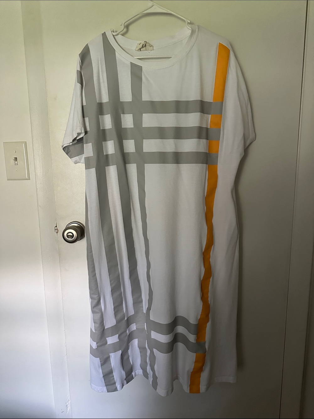 INTENTIONALLY BLANK White Midi Dress with Gray and Orange Stripes
